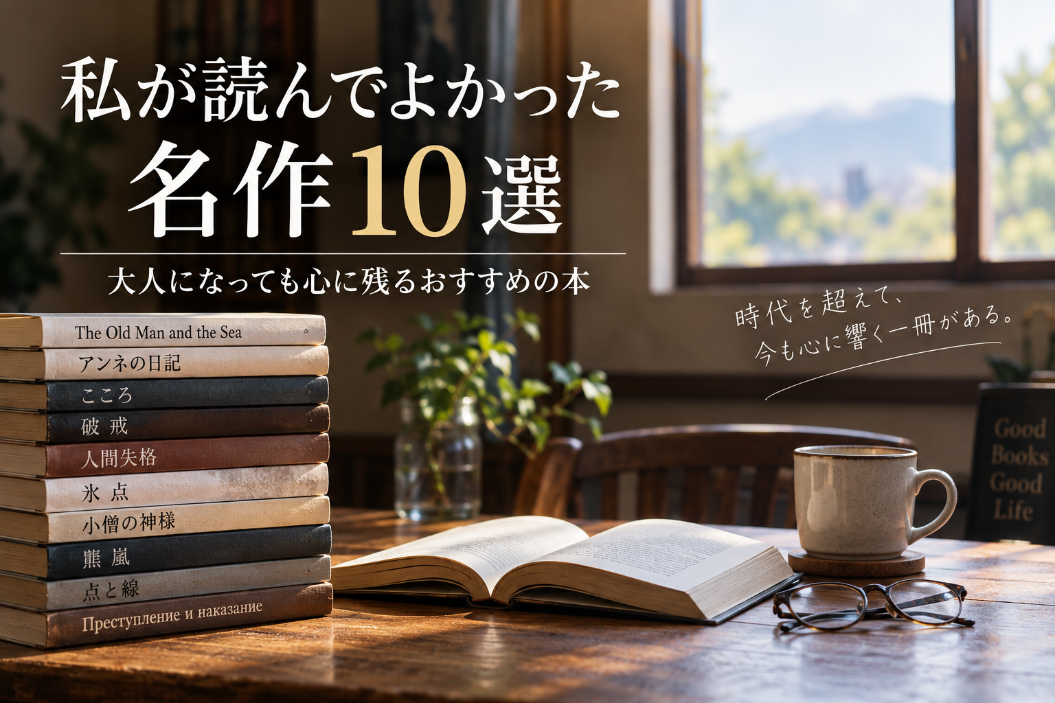 大人になっても心に残る名作10選をイメージした本と読書風景