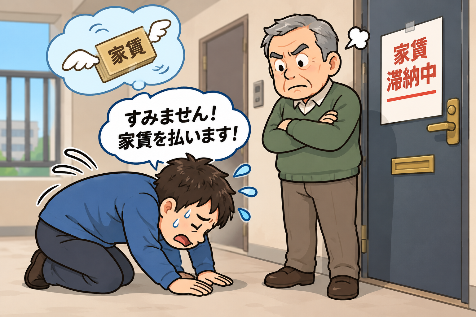家賃滞納者が大家に土下座しているイラスト画像